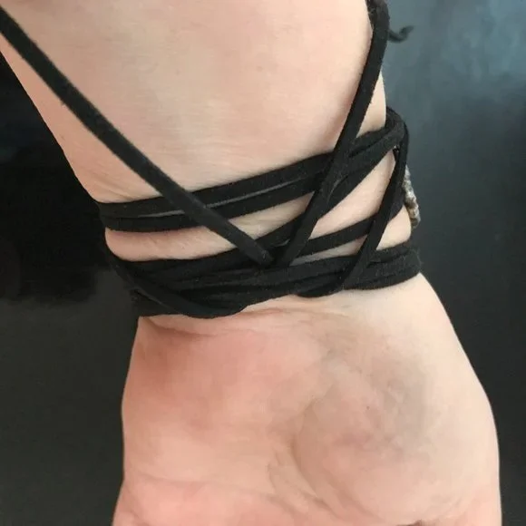 Sterling Silver Cuff Bracelet Leather Yoga Wrap Tie Antique Floral 925 Victorian - Picture 2 of 7